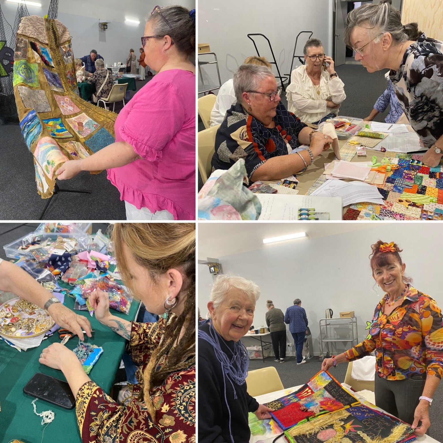 A four-image collage showing women participating in a textile art workshop